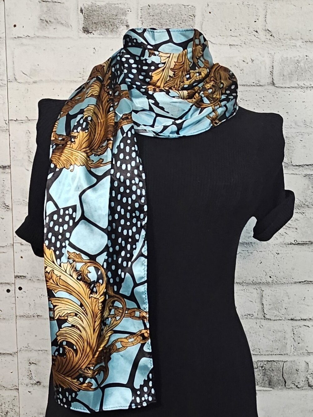Vintage Blue Gold Chain Print Scarf Wrap Shawl Statement Accessory
